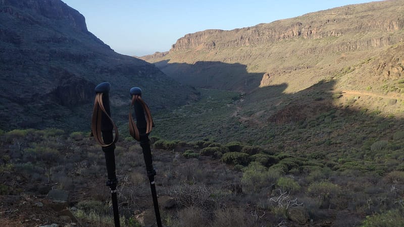 Dos bastones de senderismo sobre un paisaje de montaña al amanecer. Simbolizan estabilidad, apoyo y preparación para avanzar con seguridad.
